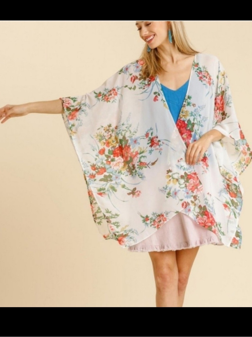 Floral Sheer Kimono Cover-Up in White and Multicolor med Lg bathing suit boho 13